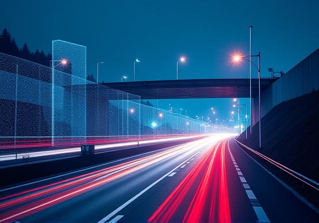 Moderne Stra&szlig;eninfrastruktur mit digitalen Sensoren und vernetzten Fahrzeugen