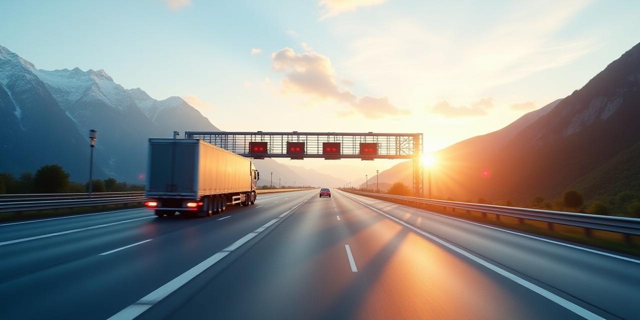 Moderne Schweizer Autobahn mit digitaler Erfassungsinfrastruktur bei Sonnenuntergang